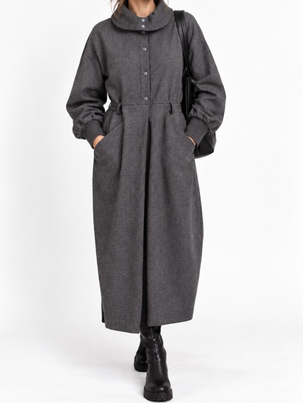 VintagGaston Jaunet Paris Gray Merino Wool Blend Coat Dress High Collar Size 38